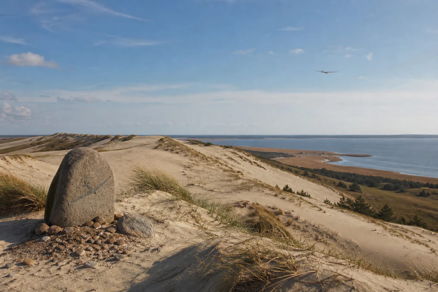Gliders' Dune near Nida with an open sand ridge, Curonian Lagoon horizon, and a marker recalling gliding history