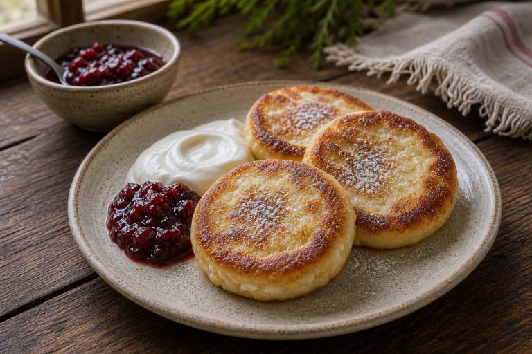 Sklindžiai with curd and apples, served with sour cream, jam, and powdered sugar