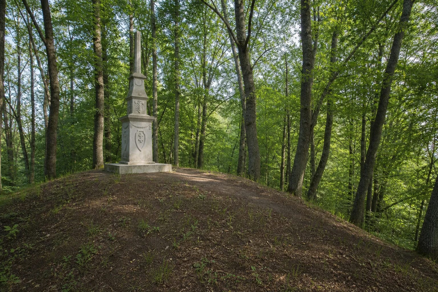 Wooded earthwork and 1928 concrete monument at Skomantų Hillfort