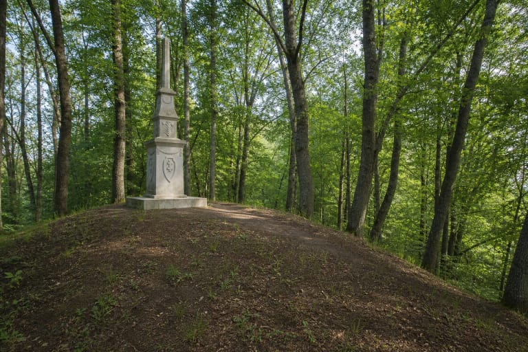 Wooded earthwork and 1928 concrete monument at Skomantų Hillfort