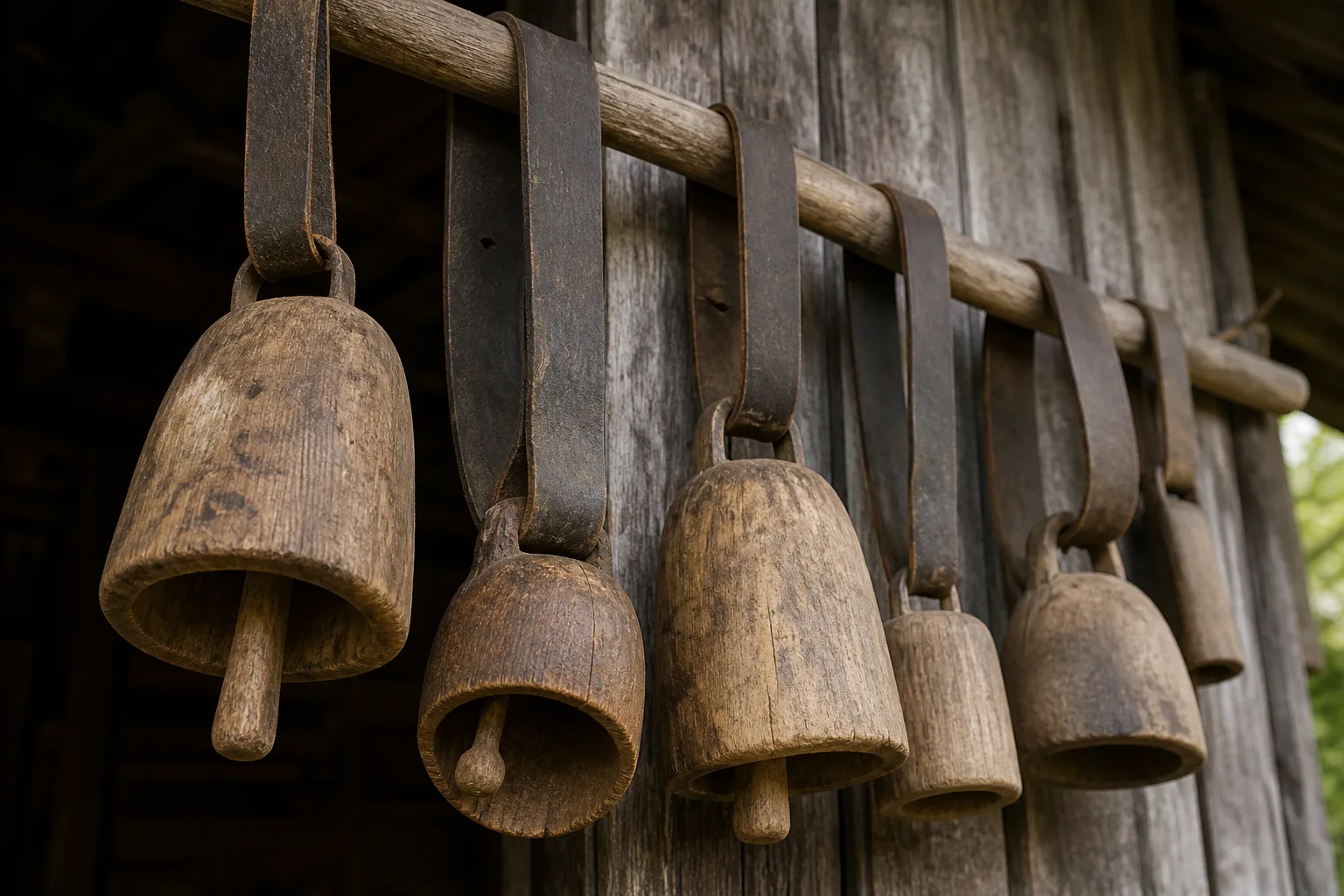 Hanging wooden skrabalai with internal clappers
