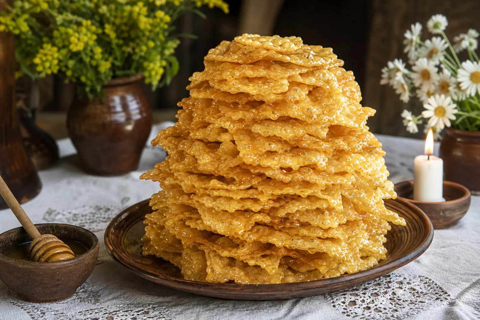 Skruzdėlynas: tower of thin fried dough sheets drizzled with honey syrup in a Lithuanian traditional food context