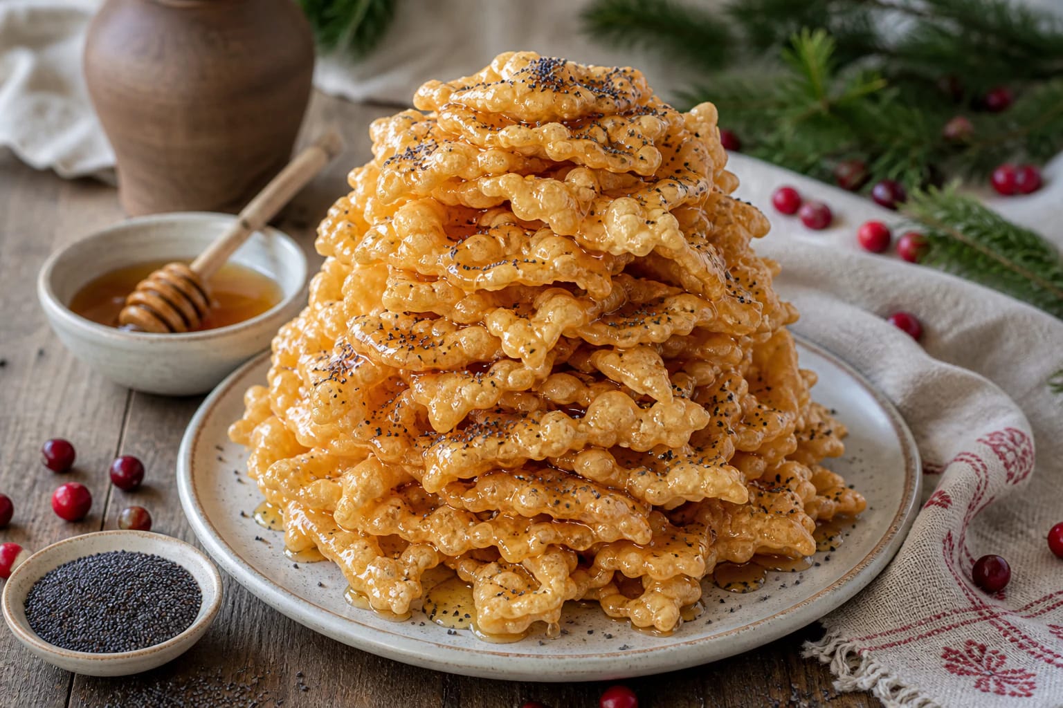 Tall skruzdėlynas tower of golden dough sheets with honey syrup, poppy seeds, and nuts