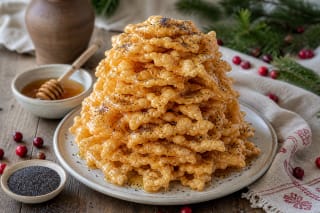 Tall skruzdėlynas tower of golden dough sheets with honey syrup, poppy seeds, and nuts