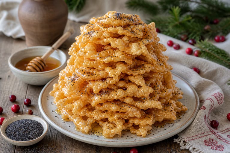 Tall skruzdėlynas tower of golden dough sheets with honey syrup, poppy seeds, and nuts