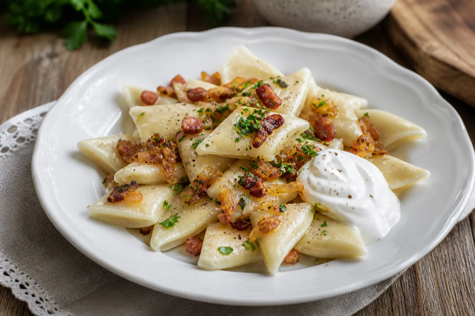 Lithuanian skryliai with spirgai and onion sauce, sour cream, and herbs