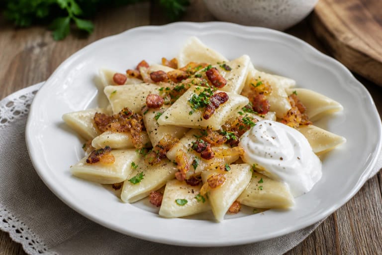 Lithuanian skryliai with spirgai and onion sauce, sour cream, and herbs