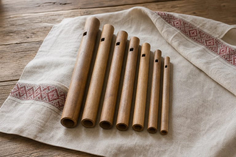 Wooden skudučiai on linen as a Lithuanian folk wind instrument