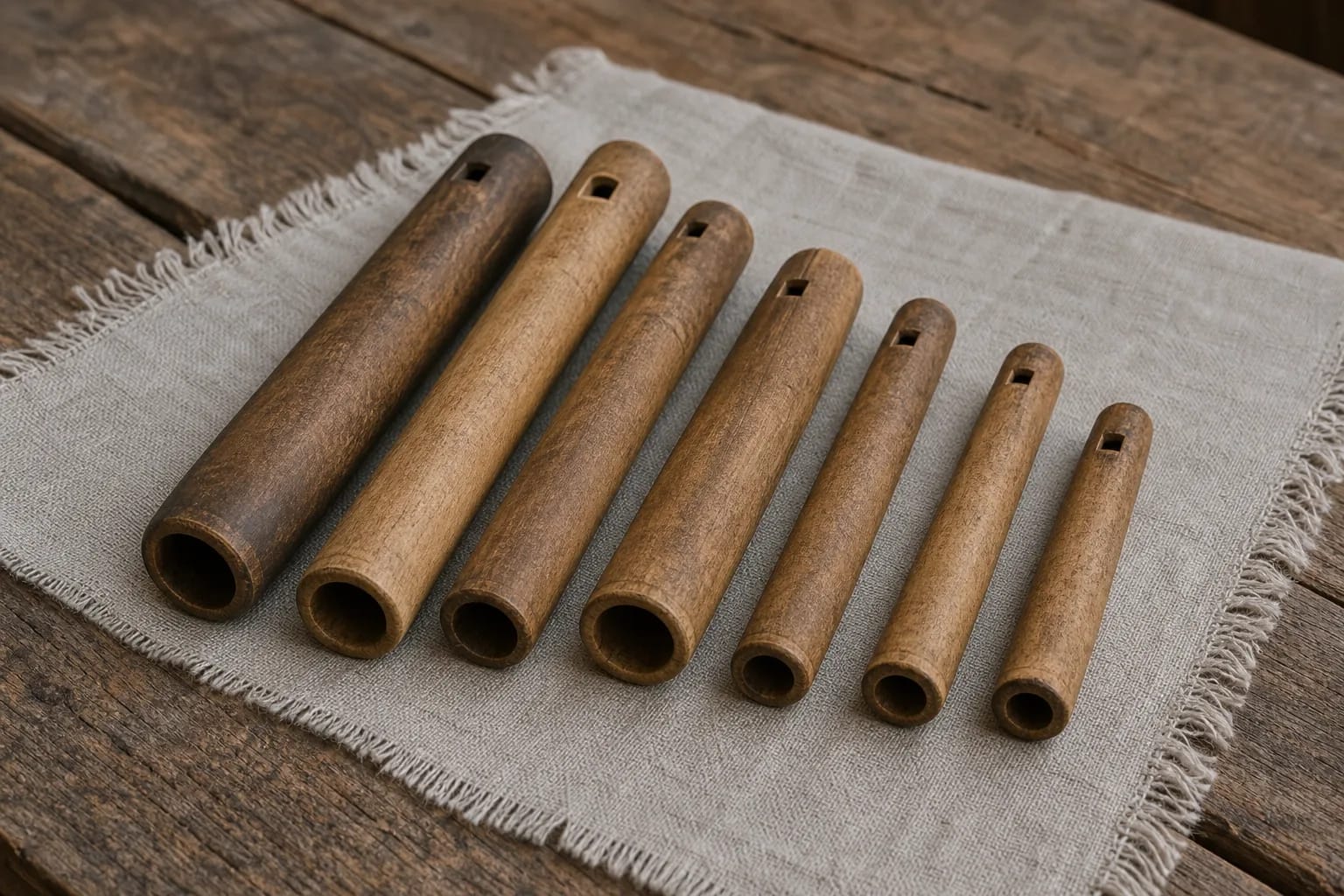 Skudučiai tubes of different lengths on linen