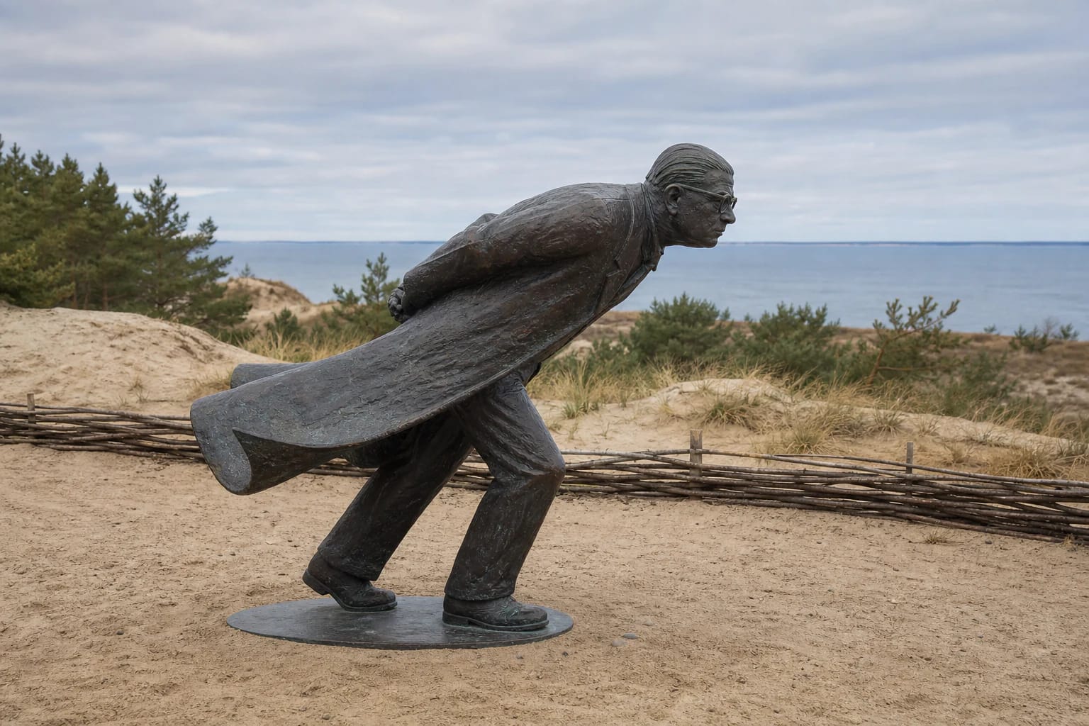 Bronze Jean-Paul Sartre sculpture Against the Wind leaning forward with his hands behind his back on sandy Parnidis Dune, the Curonian Lagoon beyond