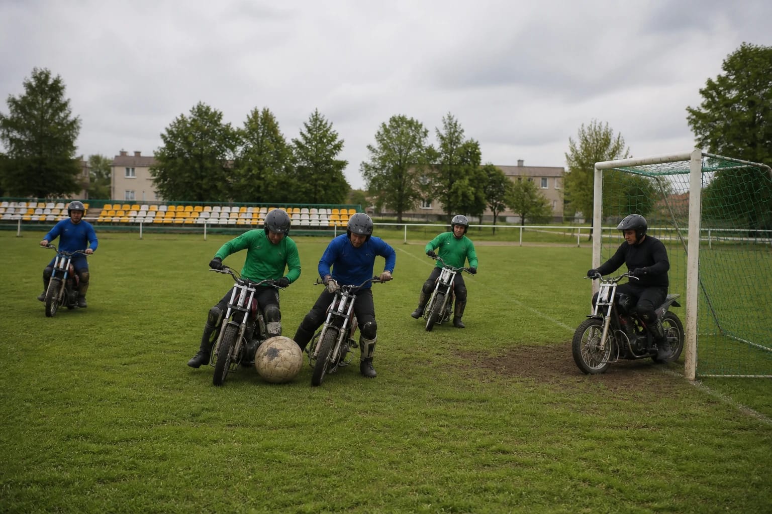 Motobolo žaidėjai motociklais vejasi didelį kamuolį Skuodo stadiono aikštėje