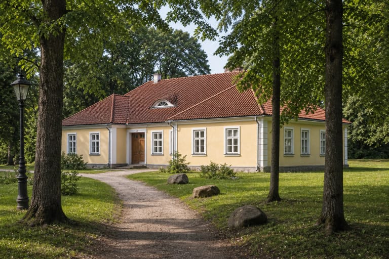 Low yellow Skuodas Museum building with a red roof among trees in the former manor environment