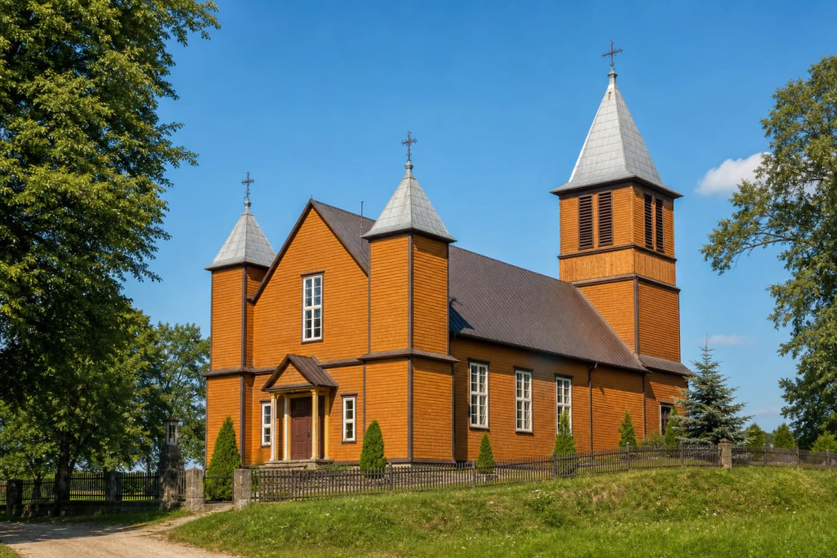 Oranžinė medinė Slavikų Šv. Onos bažnyčia su dviem bokšteliais, varpine ir žaliu šventoriumi