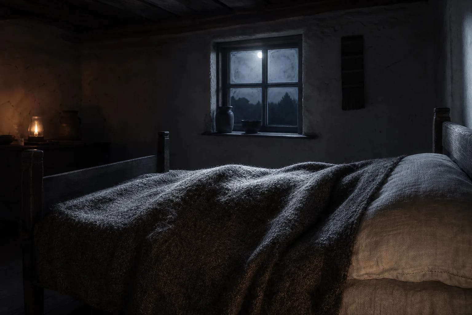 Old bed in moonlight with a heavy woven blanket