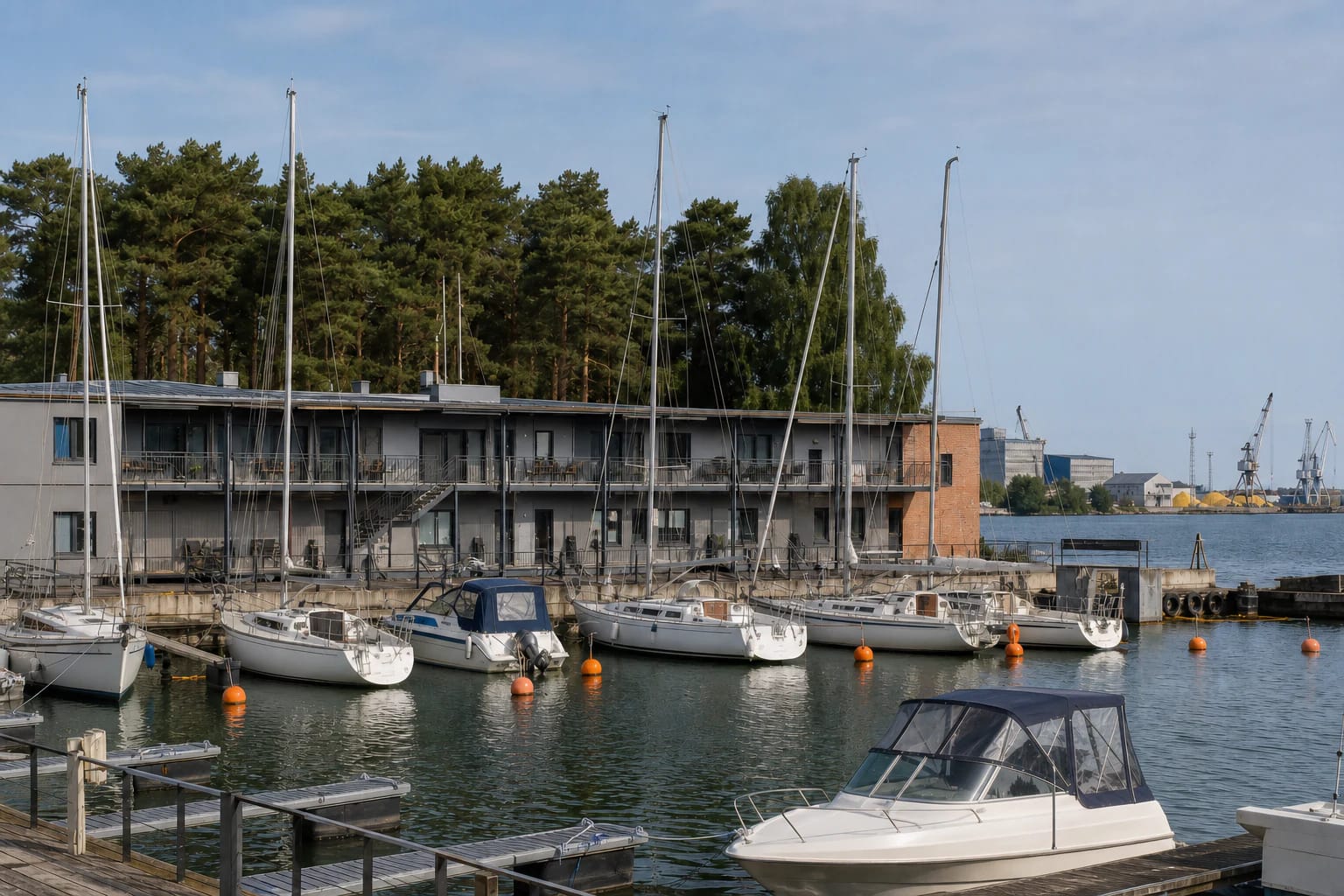 Smiltynės jachtklubo baseine prišvartuotos baltos jachtos, žemi pilki pastatai su oranžiniu akcentu ir pušynas