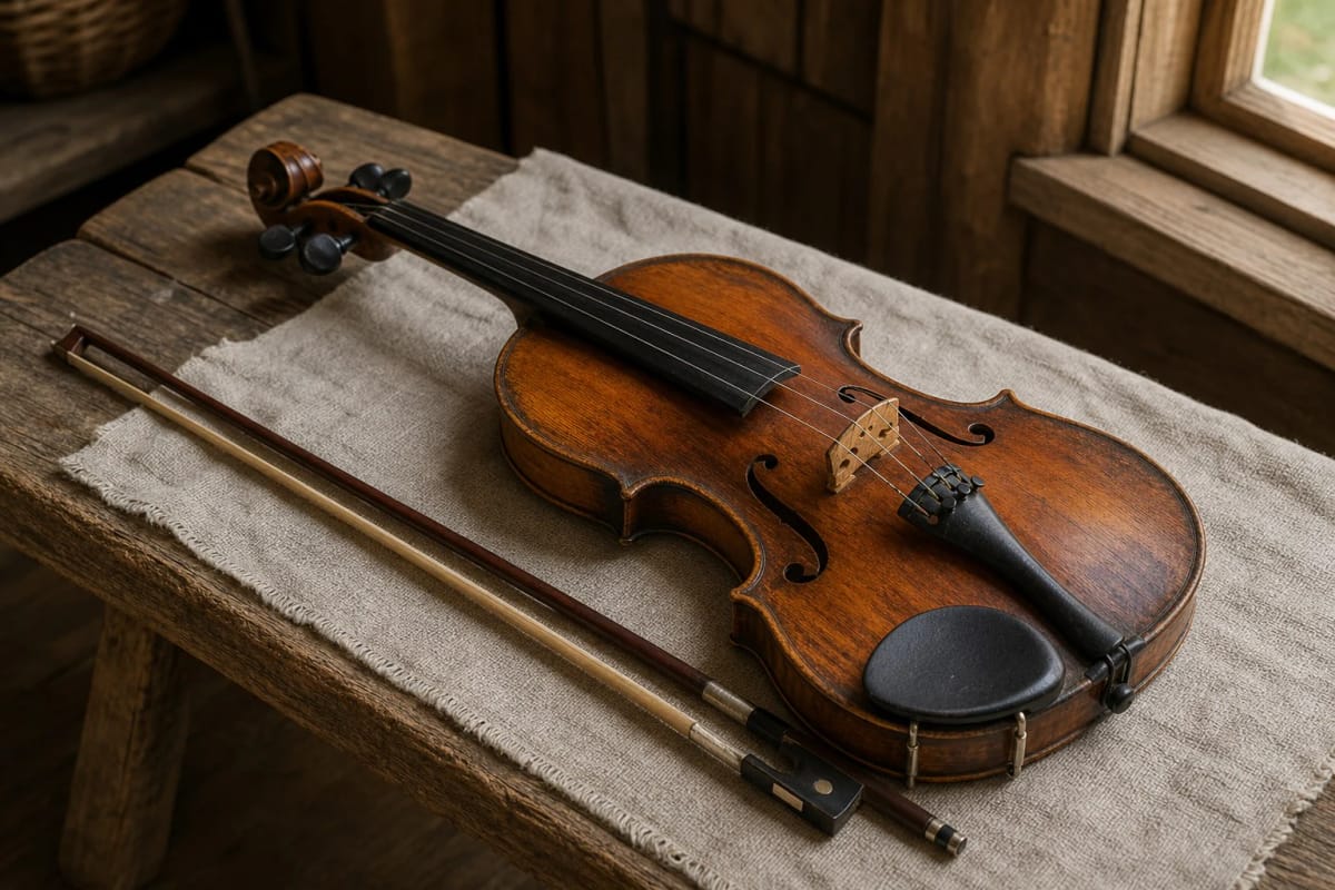 A Lithuanian village-band fiddle with bow on a wooden bench