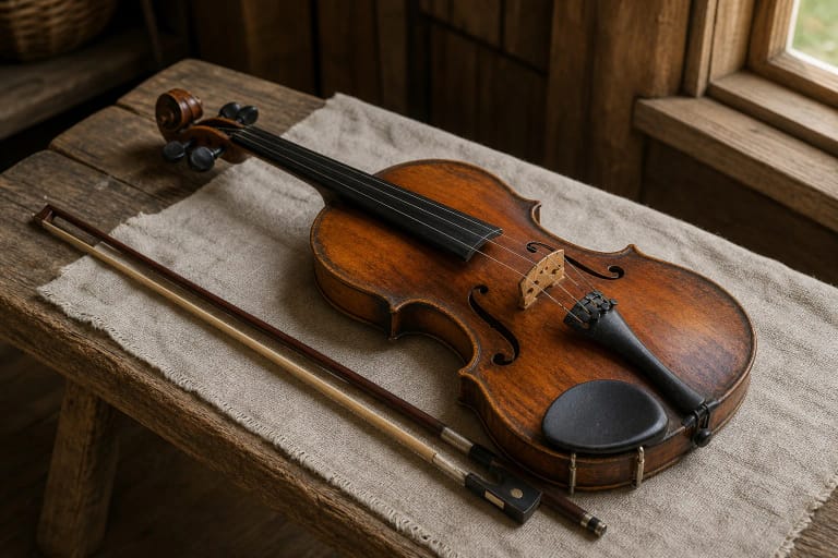 A Lithuanian village-band fiddle with bow on a wooden bench