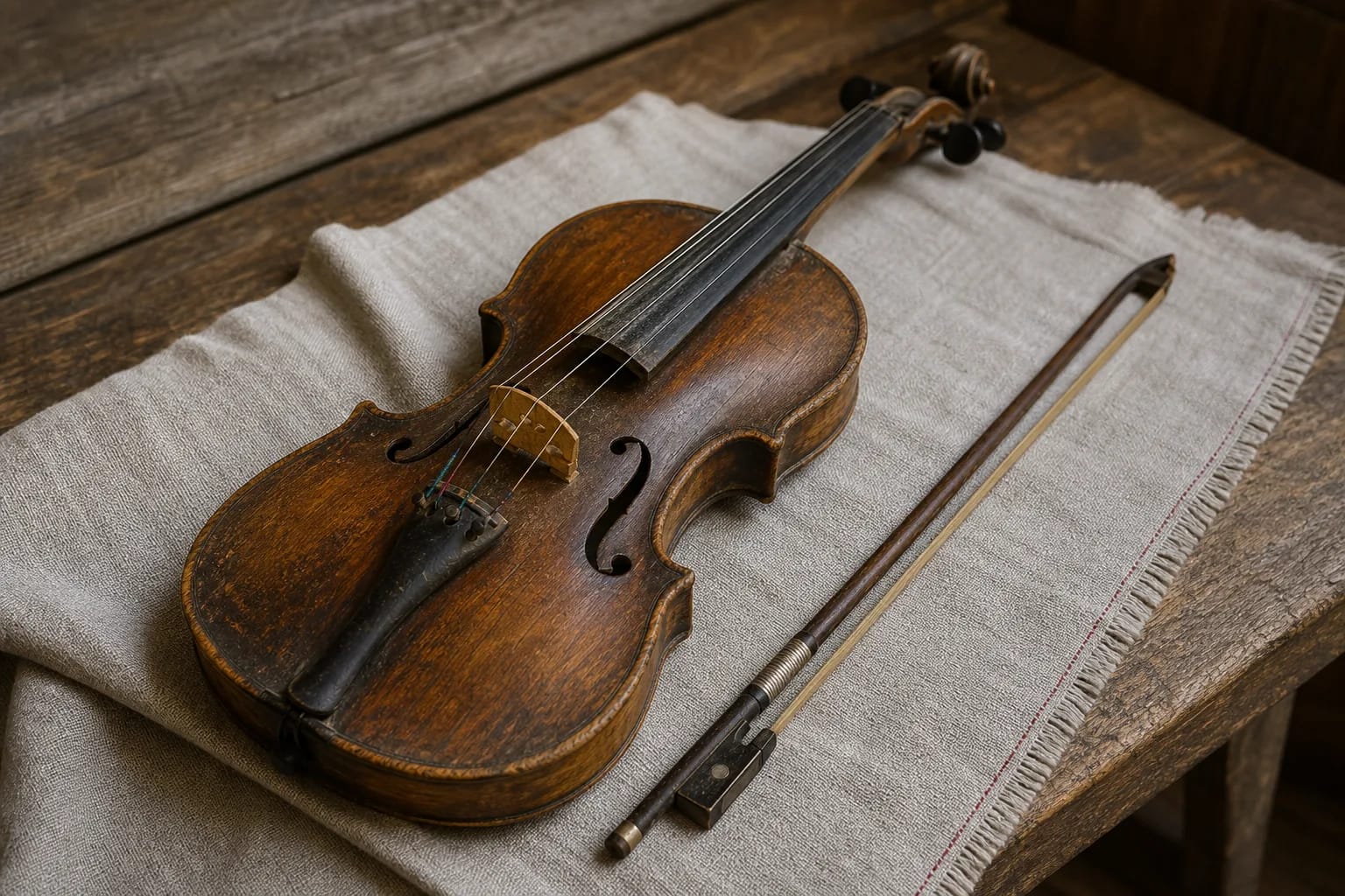 A village-band fiddle with bow and worn body