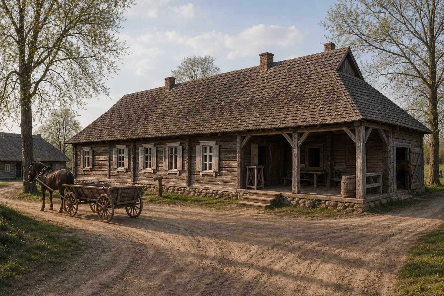 Taverns and inns stood by roads, joining travel, trade, and lodging.