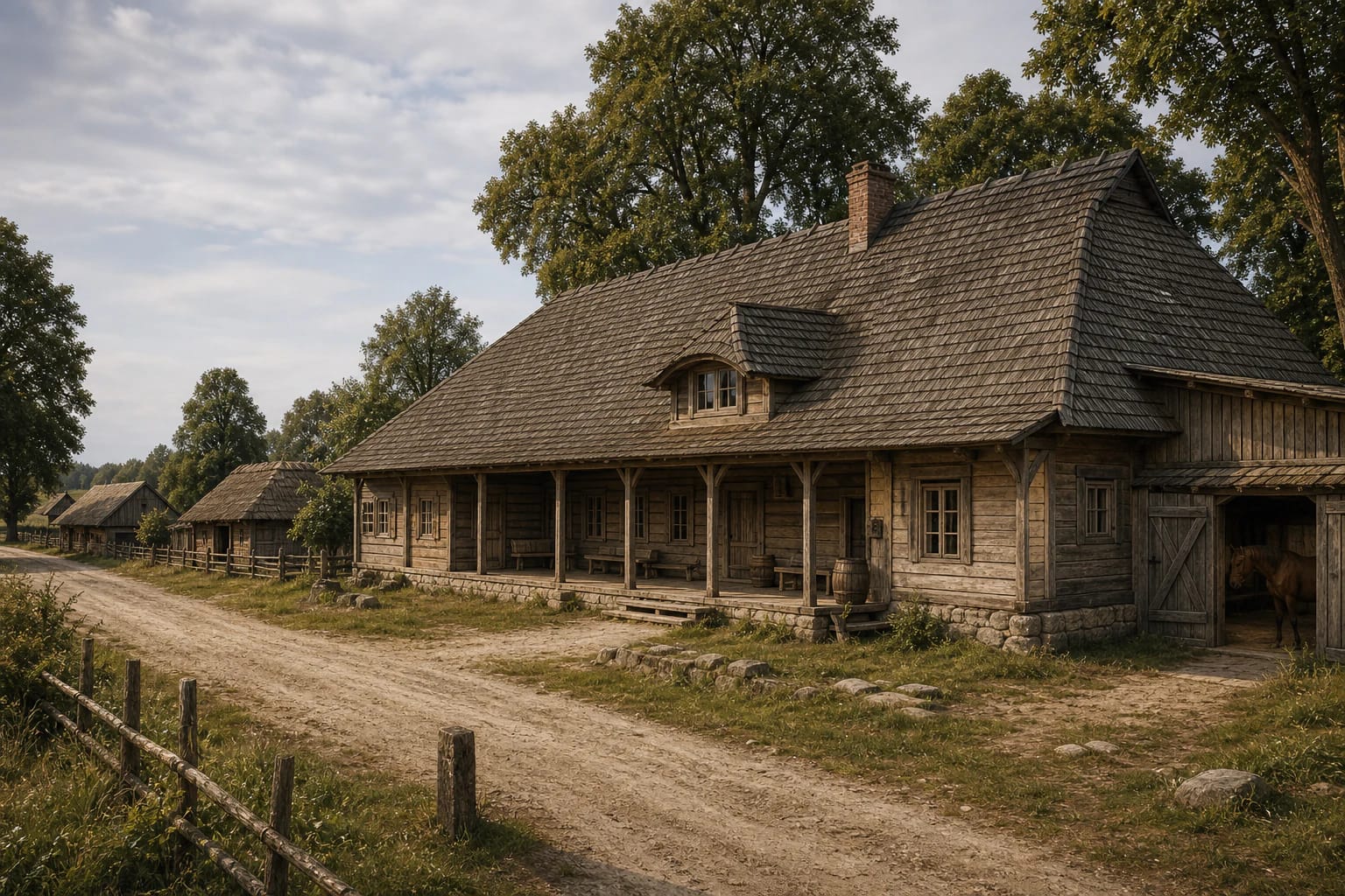 Traditional wooden roadside inn with a large half-hipped roof, inn door, stable, and drive-in yard
