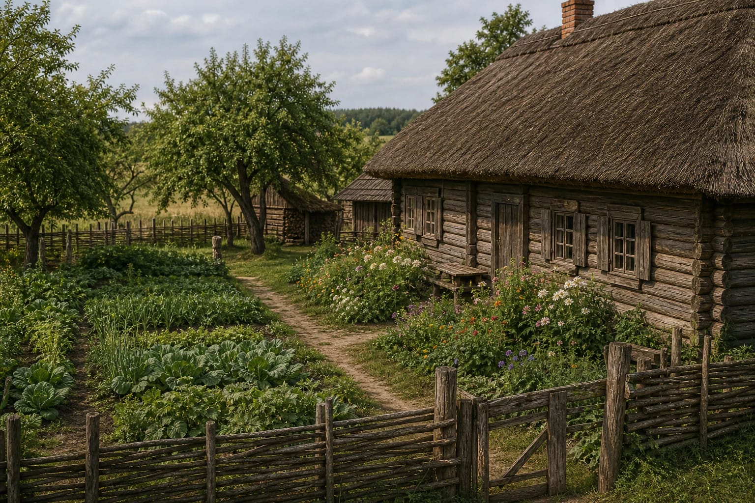 Traditional Lithuanian homestead with a flower bed by the house, orchard trees, lindens, wooden fence, and clean yard