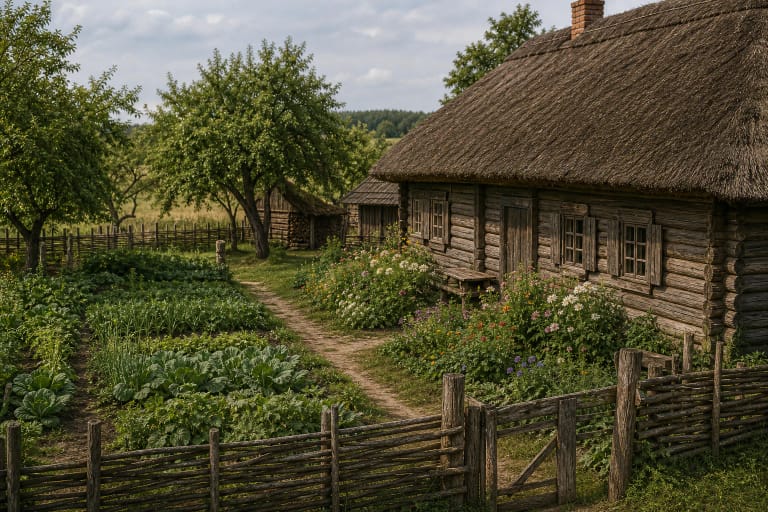 Traditional Lithuanian homestead with a flower bed by the house, orchard trees, lindens, wooden fence, and clean yard