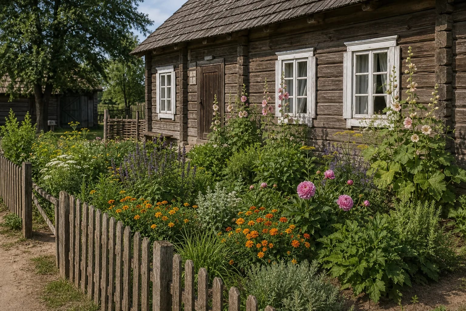 The flower garden made an ordered threshold between house, yard, and village road.