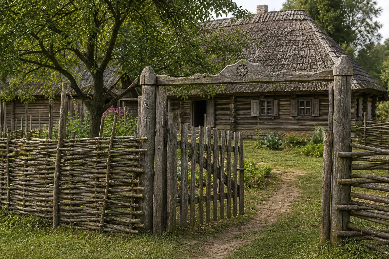Traditional Lithuanian homestead fences and gates with a žiogrių fence, paling wicket gate, flower bed, and wooden house