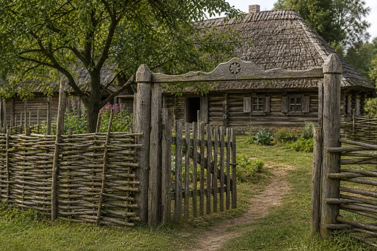 Traditional Lithuanian homestead fences and gates with a žiogrių fence, paling wicket gate, flower bed, and wooden house