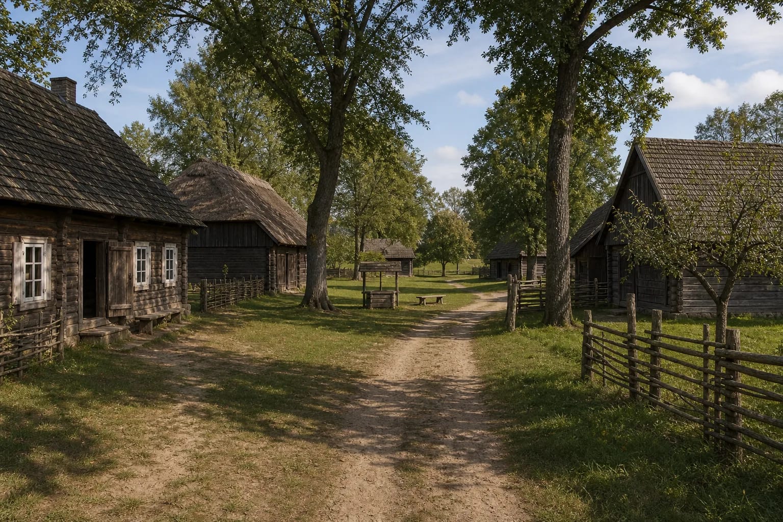 The sodžius appears as a whole of houses, outbuildings, trees, and shared road.