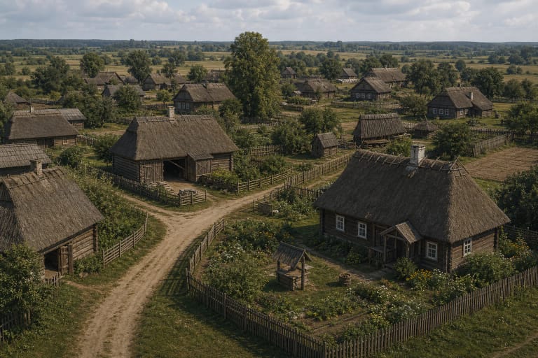 Old Lithuanian sodžius with irregularly placed wooden homesteads, fields, paths, and shared village life