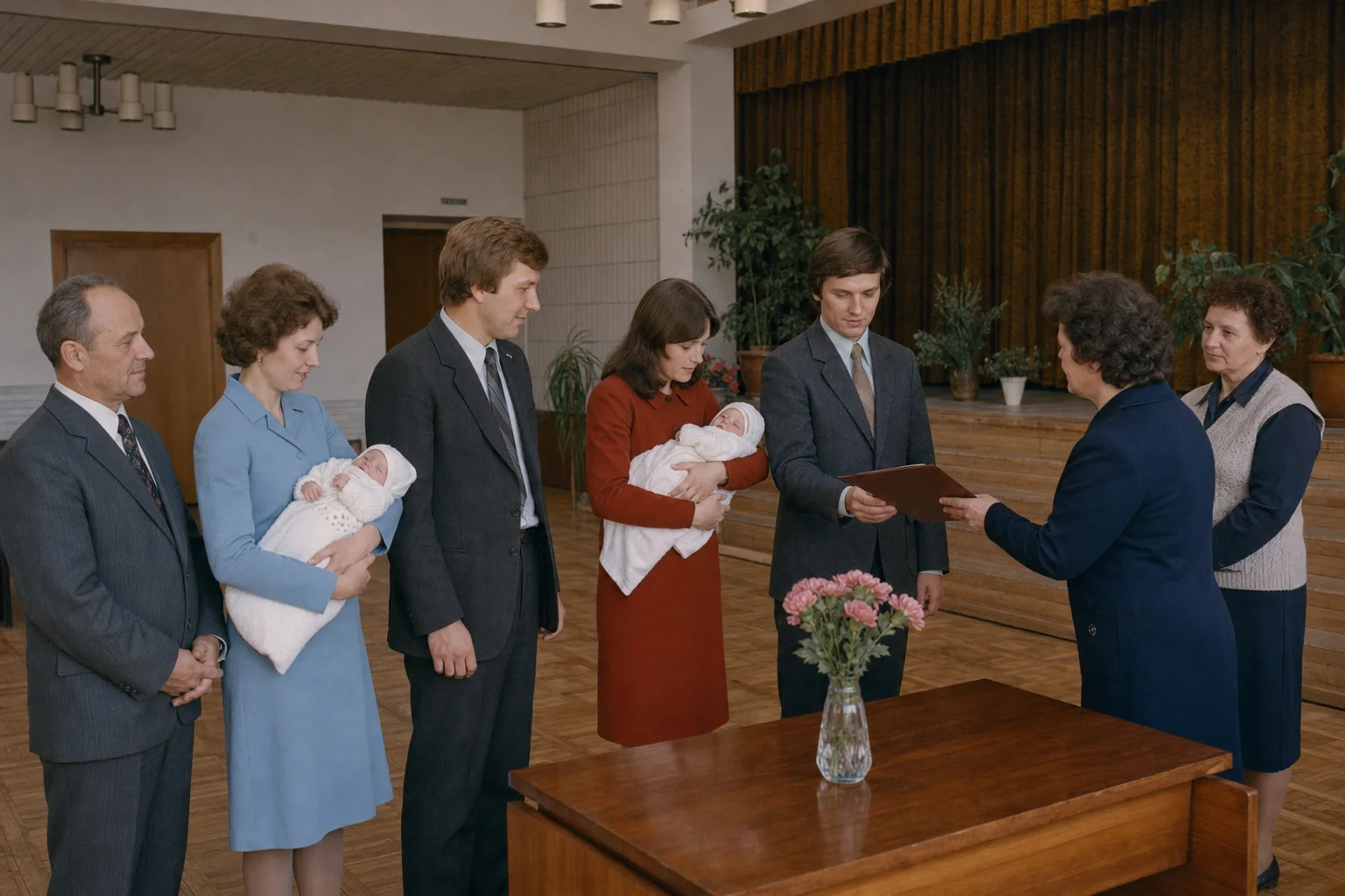 Гражданская церемония вардынос 1970-х годов в доме культуры с родителями, младенцами и церемониальными крёстными