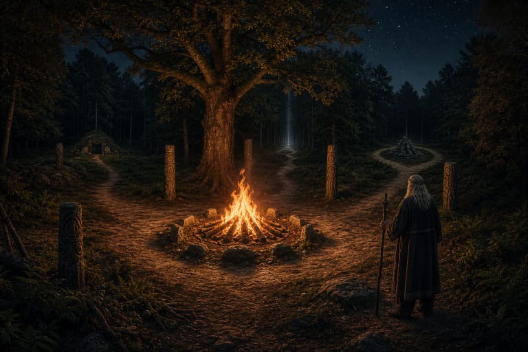 Funerary fire from the Sovijus myth in an ancient Baltic forest clearing