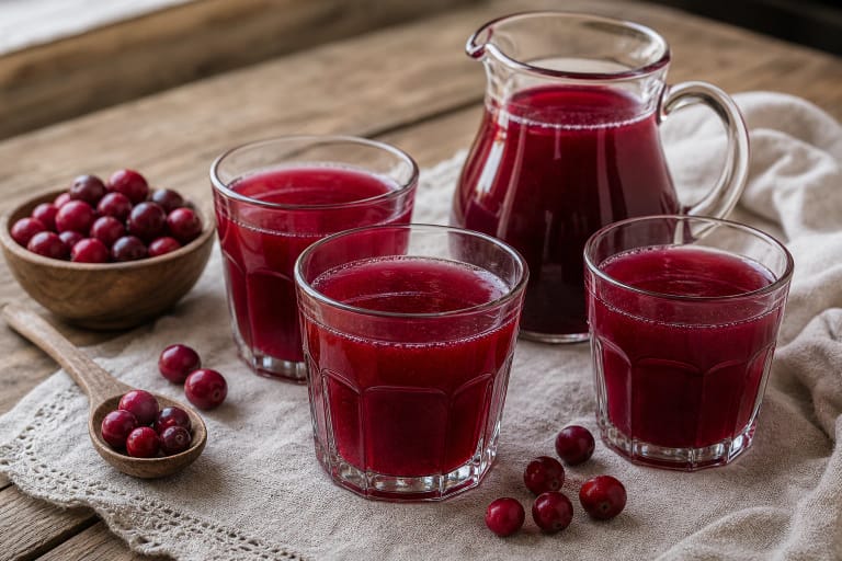 Clear red cranberry kisielius in a glass pitcher and glasses with cranberries and kūčiukai