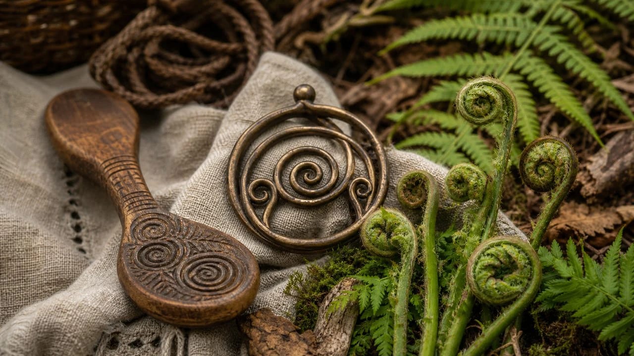 Spiral, coil, and fern shoot in a Lithuanian ornament as signs of life's growth