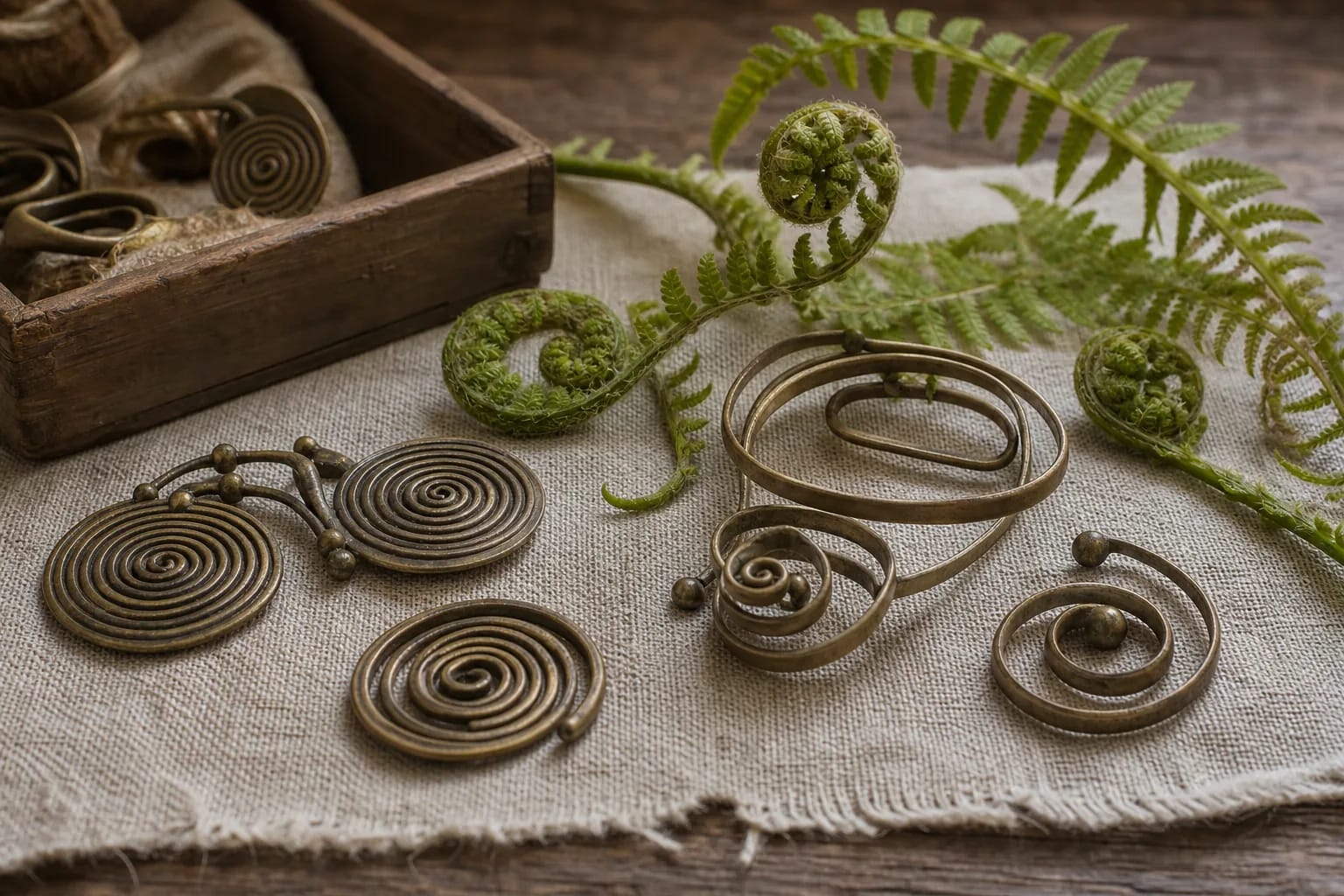 Bronze coils and curled fern shoots on linen cloth.
