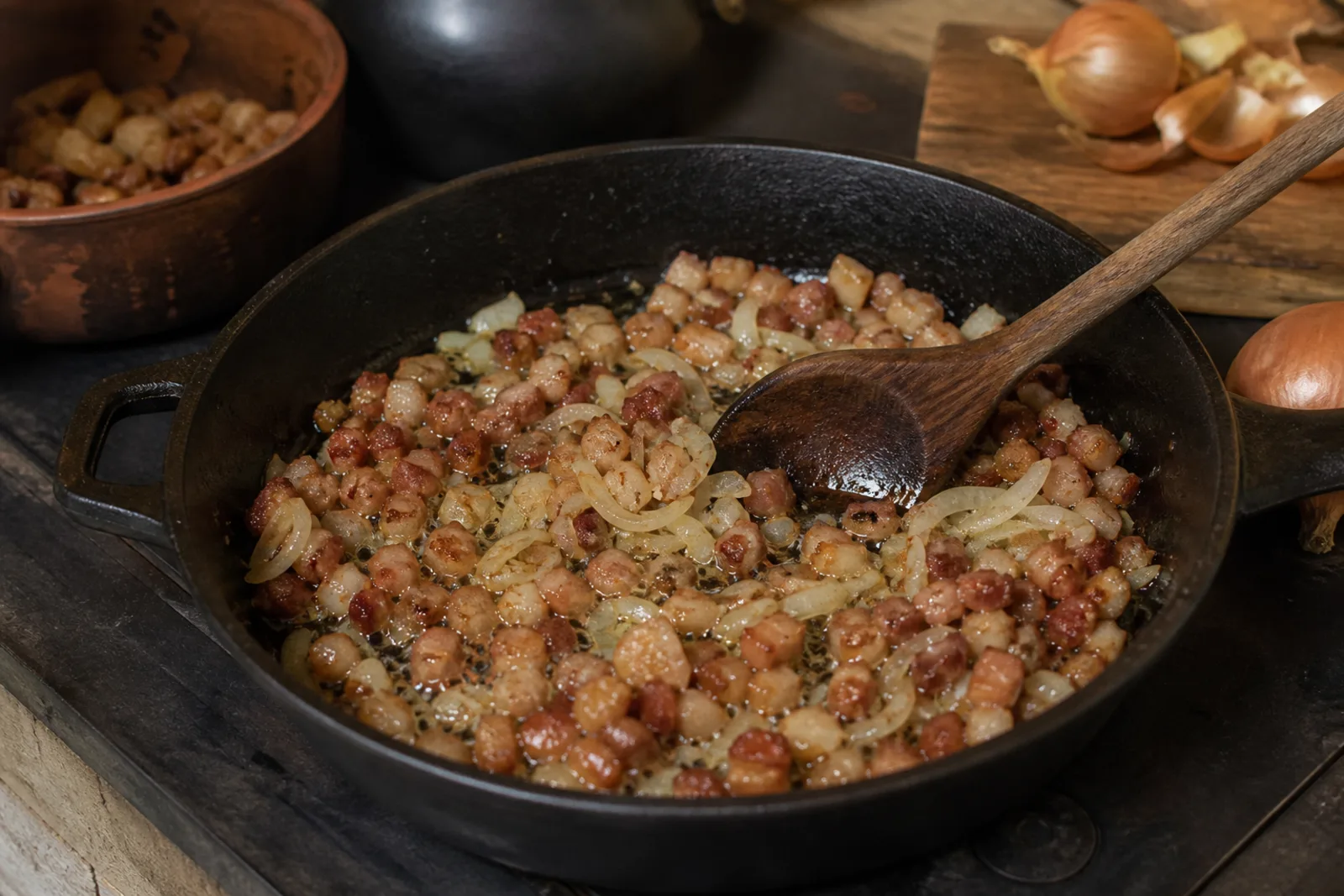 Spirgai: fried pieces of lašiniai or bacon in a Lithuanian traditional food context