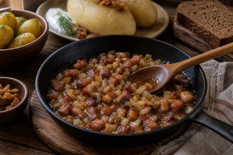 Spirgai with onions in a small pan beside potatoes, cepelinai, and a wooden spoon