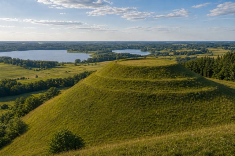 Sprūdė Hill hillfort with green rampart belts and a panorama of the Varniai Basin