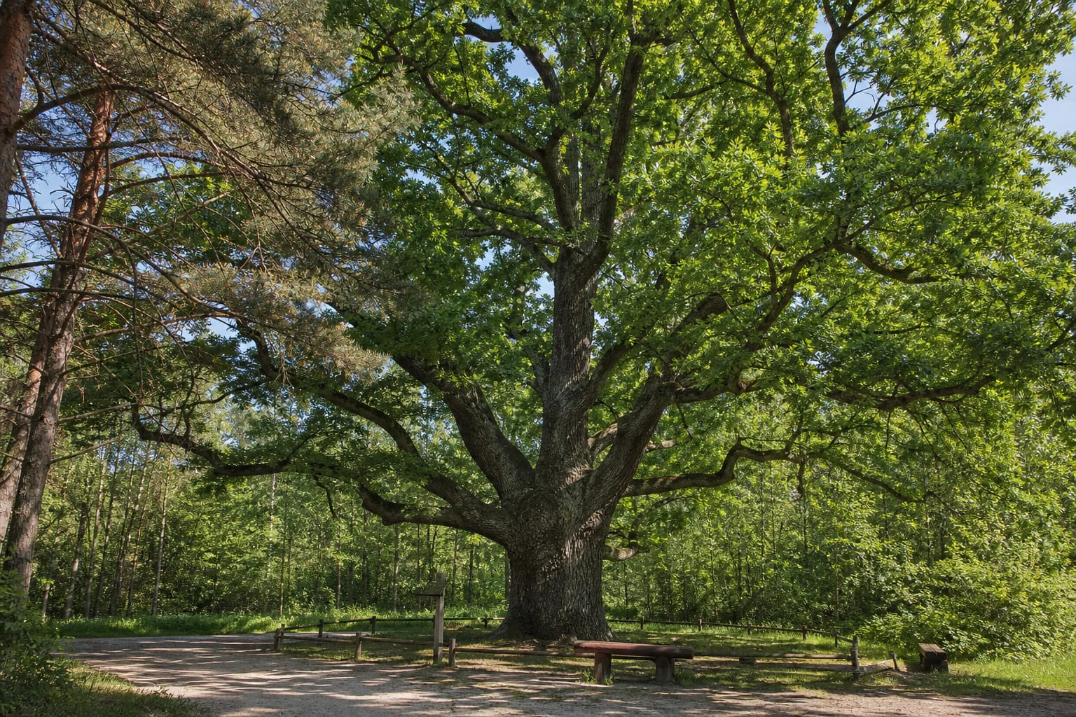 Ancient broad-crowned Stakai Oak with a massive deeply furrowed trunk in a forest clearing
