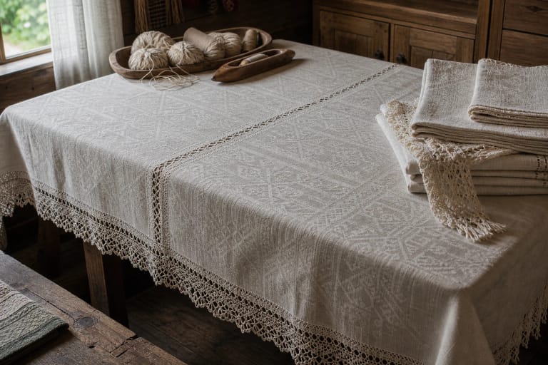 A white Lithuanian linen tablecloth with woven patterning, lace, and embroidered edges