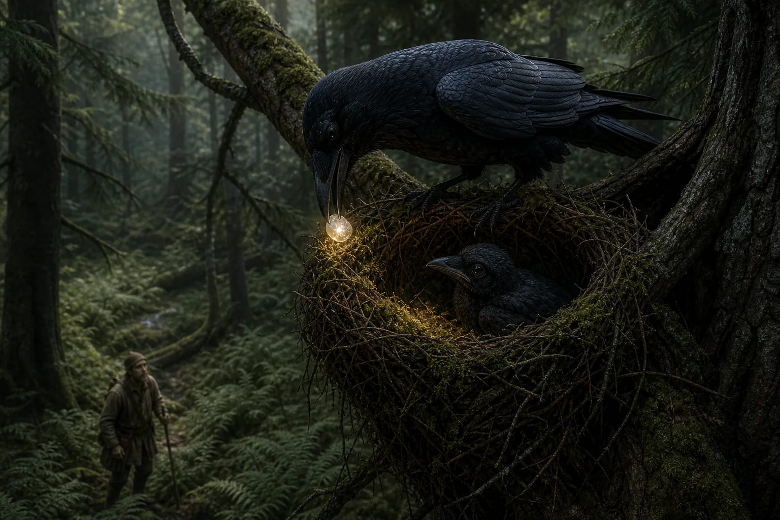 A raven by its nest in a forest tree holds a small glowing stone while a human shadow stands below