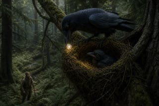 A raven by its nest in a forest tree holds a small glowing stone while a human shadow stands below