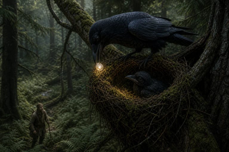 A raven by its nest in a forest tree holds a small glowing stone while a human shadow stands below