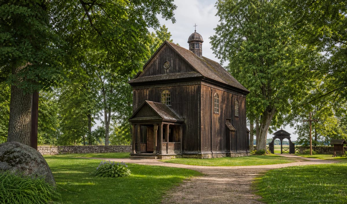 Wooden Stelmužė Church of the Cross of the Lord Jesus in the manor-estate setting