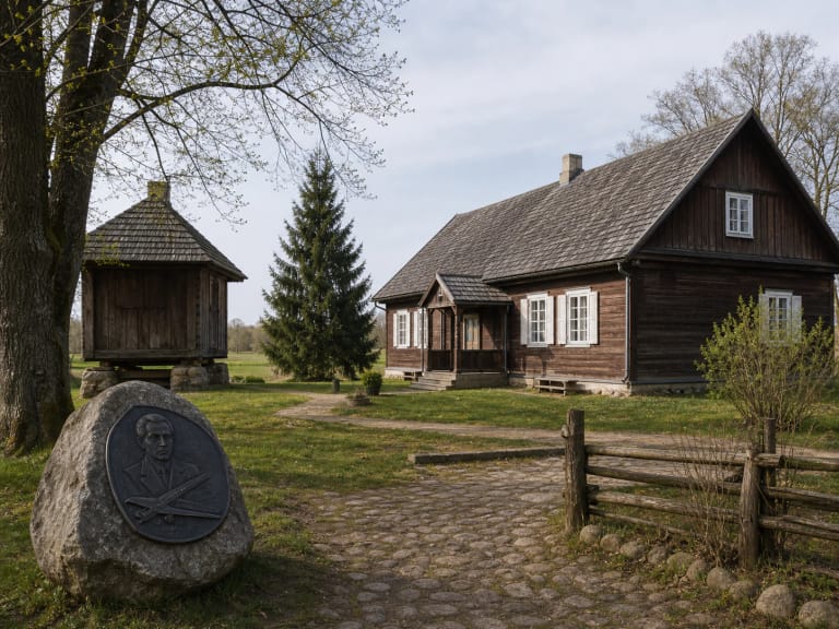 Wooden memorial homestead of the Steponas Darius Birthplace Museum in Darius village