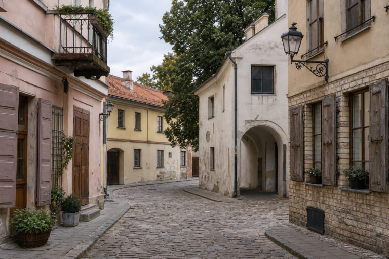 Narrow street in Vilnius Old Town's Glass Quarter with historic facades and stone paving