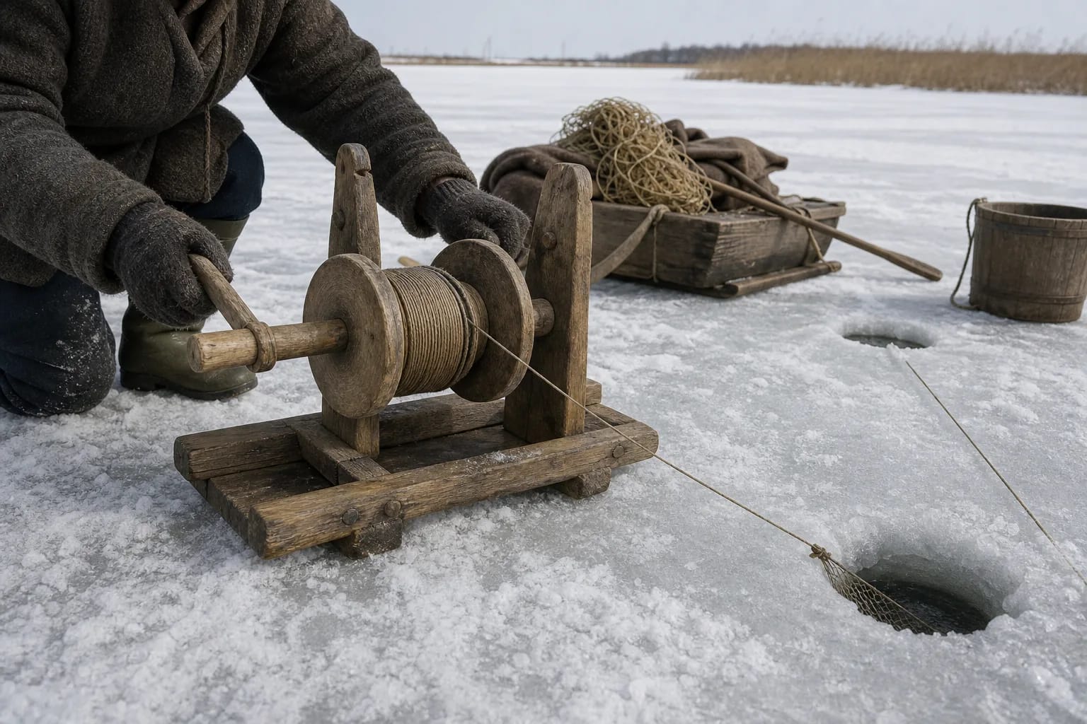 A boba winch turns the net under lake ice.