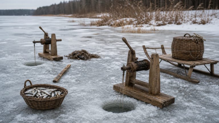 Winter fishers on a frozen Lithuanian lake using bobos and nets to catch smelt