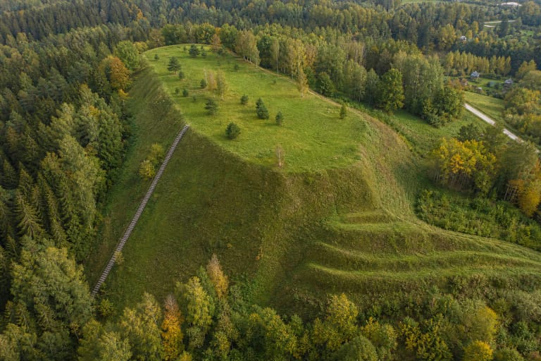 Wide green Stirniai Hillfort seen from above, with steep slopes, earthen banks, and a long timber staircase amid surrounding forest